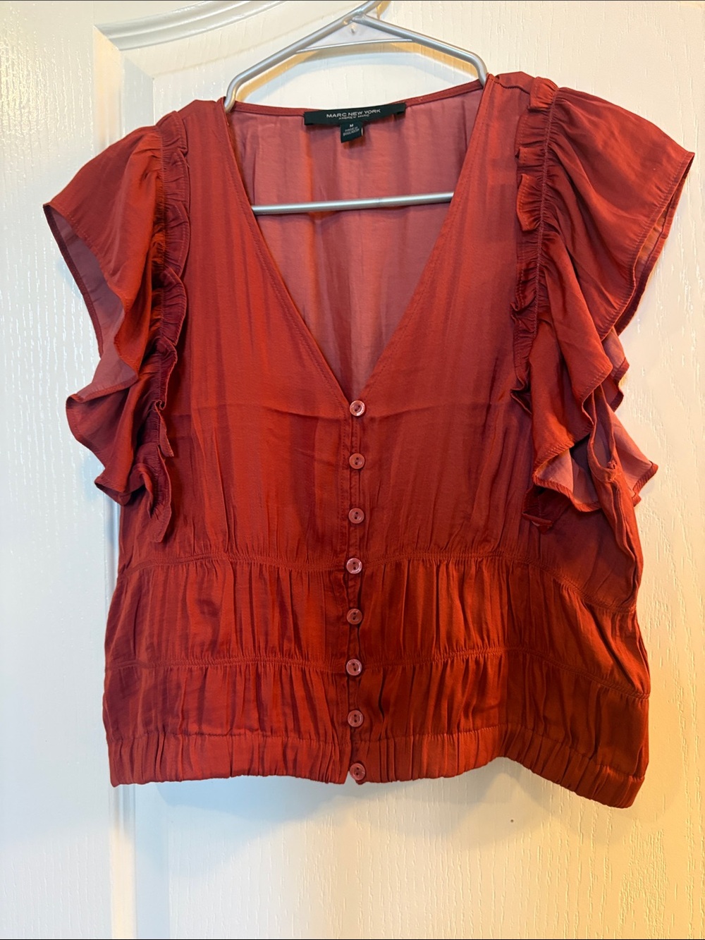 Andrew Marc Rust Ruffle-Sleeve Button Front Blouse - Picture 5 of 8